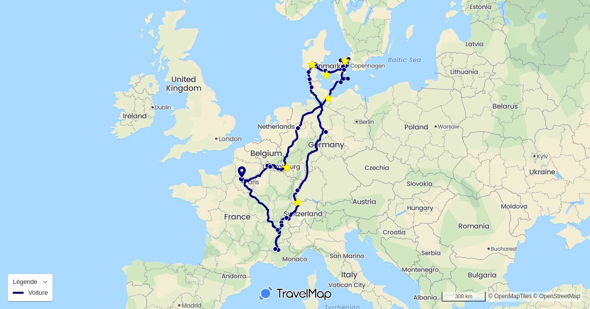 TravelMap itinerary: driving in Belgium, Switzerland, Germany, Denmark, France (Europe)