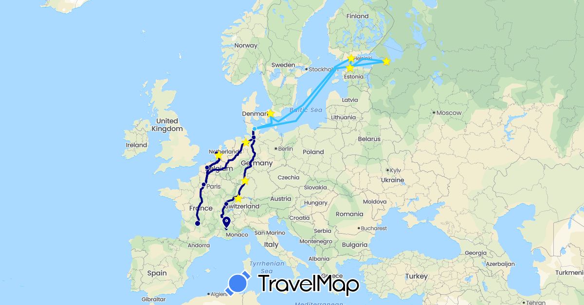 TravelMap itinerary: driving, boat in Germany, Denmark, Estonia, Finland, France, Netherlands, Russia (Europe)