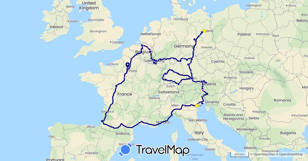 TravelMap itinerary: driving, voiture dans train in Austria, Belgium, Germany, France, Italy, Luxembourg (Europe)