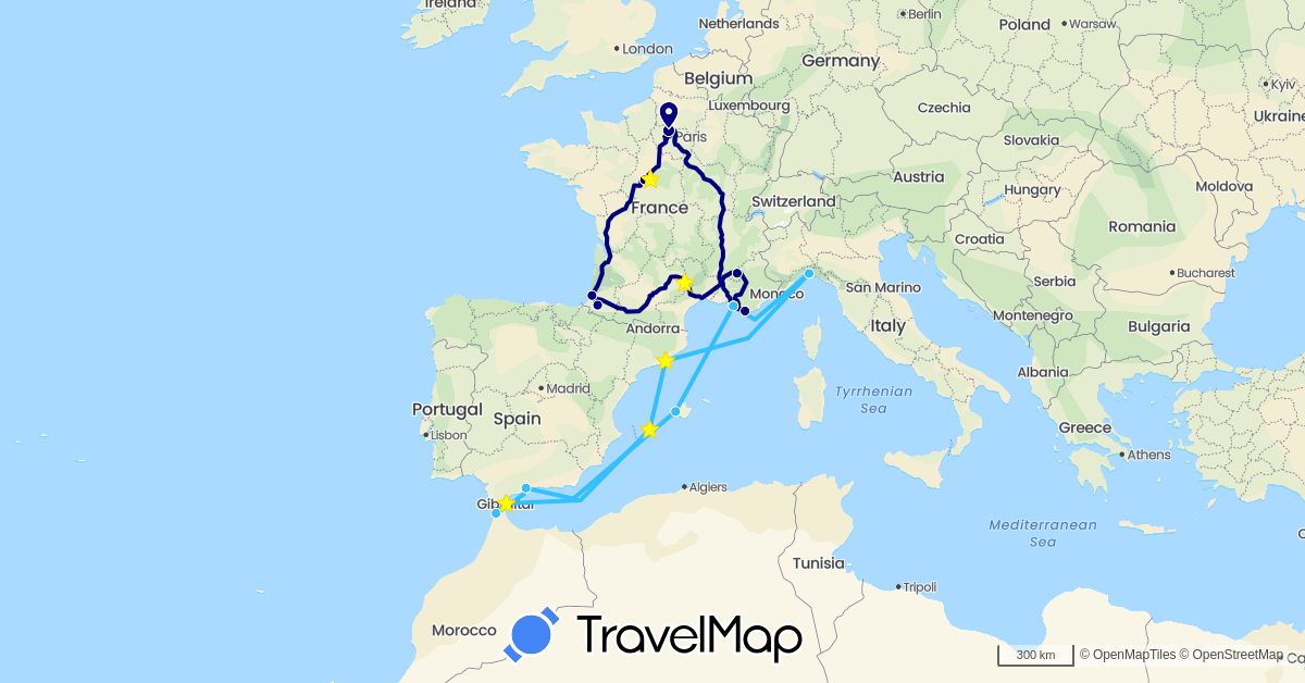 TravelMap itinerary: driving, boat in Spain, France, Gibraltar, Italy, Morocco (Africa, Europe)