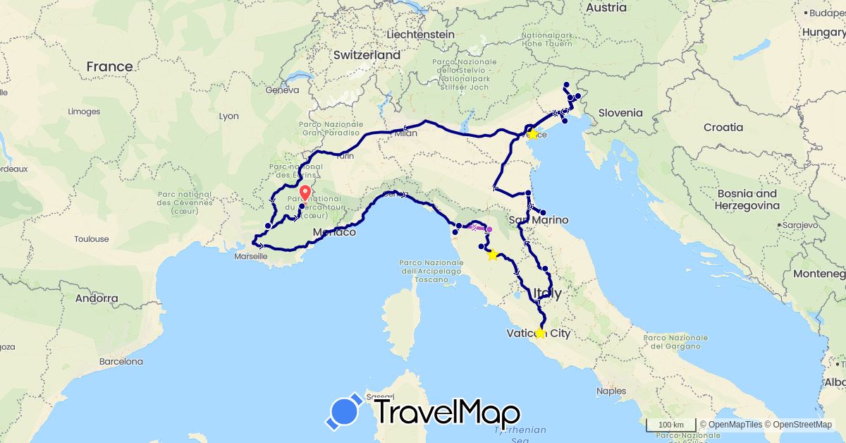 TravelMap itinerary: driving, train, hiking in France, Italy (Europe)