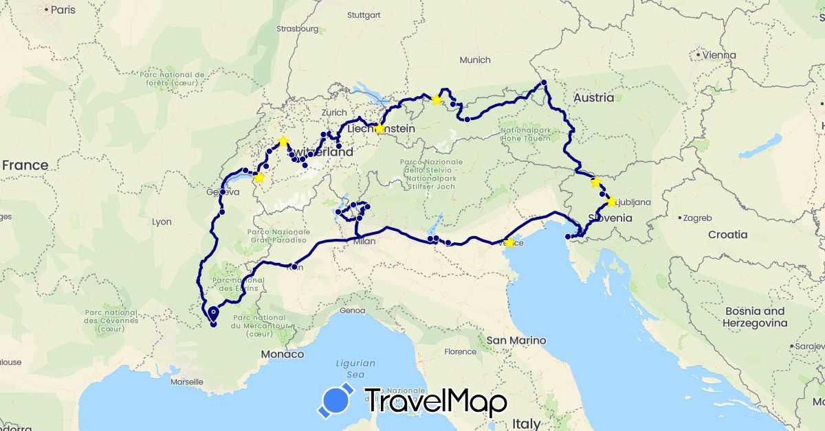 TravelMap itinerary: driving in Austria, Switzerland, Germany, France, Italy, Liechtenstein, Slovenia (Europe)