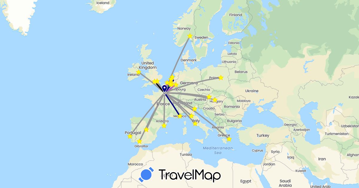 TravelMap itinerary: driving, bus, plane, train, voiture+shuttle in Belgium, Germany, Spain, France, United Kingdom, Greece, Hungary, Ireland, Italy, Monaco, Netherlands, Norway, Poland, Portugal, Slovakia (Europe)